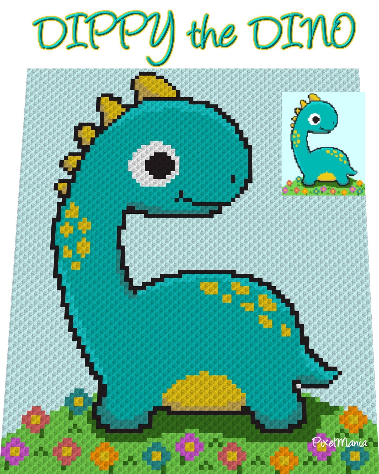 DINO DIPPY - Langhals, Häkelmuster, Grafik für C2C, Häkeldecke Ecke zu Ecke, mit geschriebener & Farb-Block Anleitung