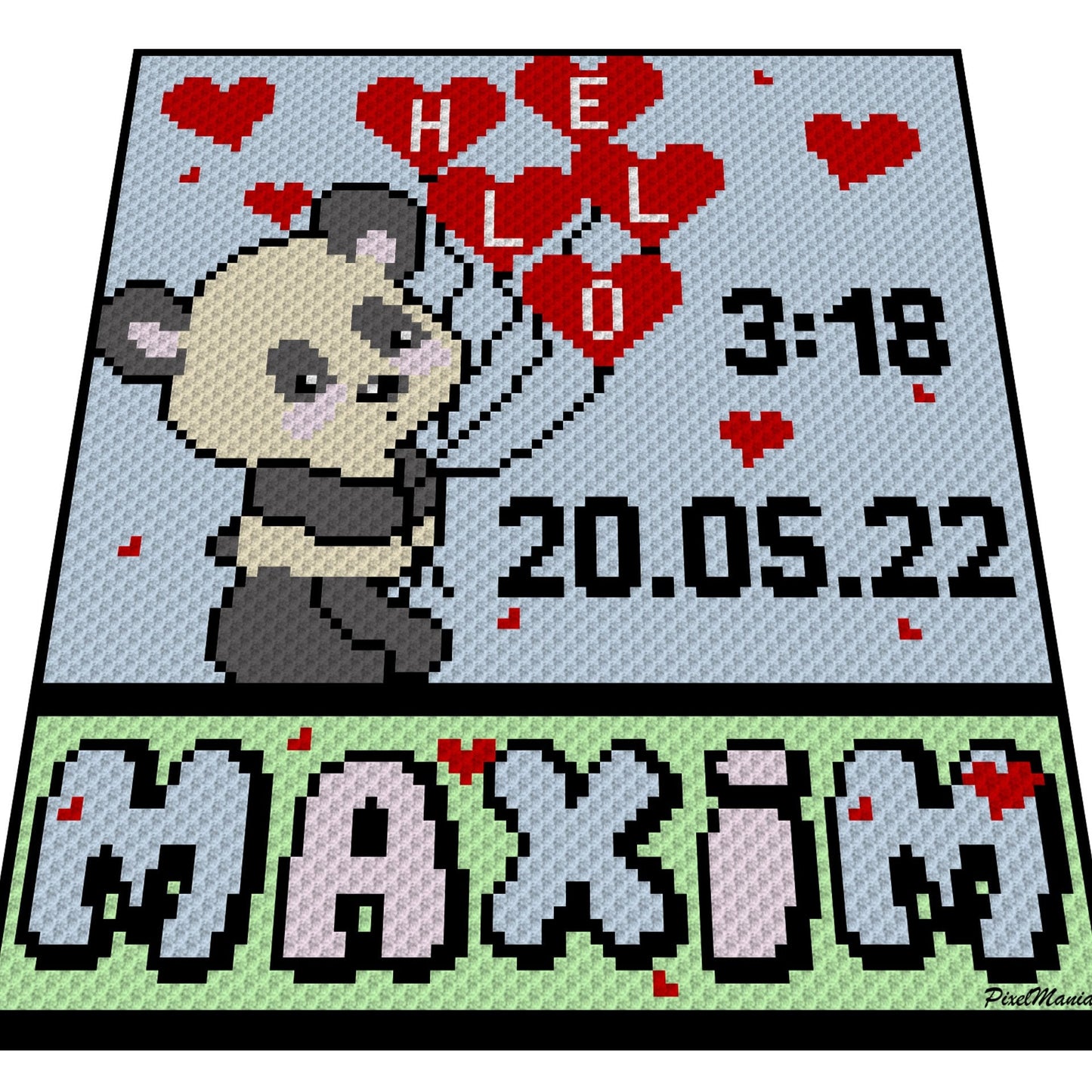 HELLO BABY - PANDA, Graphic for C2C Baby Blanket, Newborn Crochet Blanket Corner to Corner, with Written & Color Block Instructions