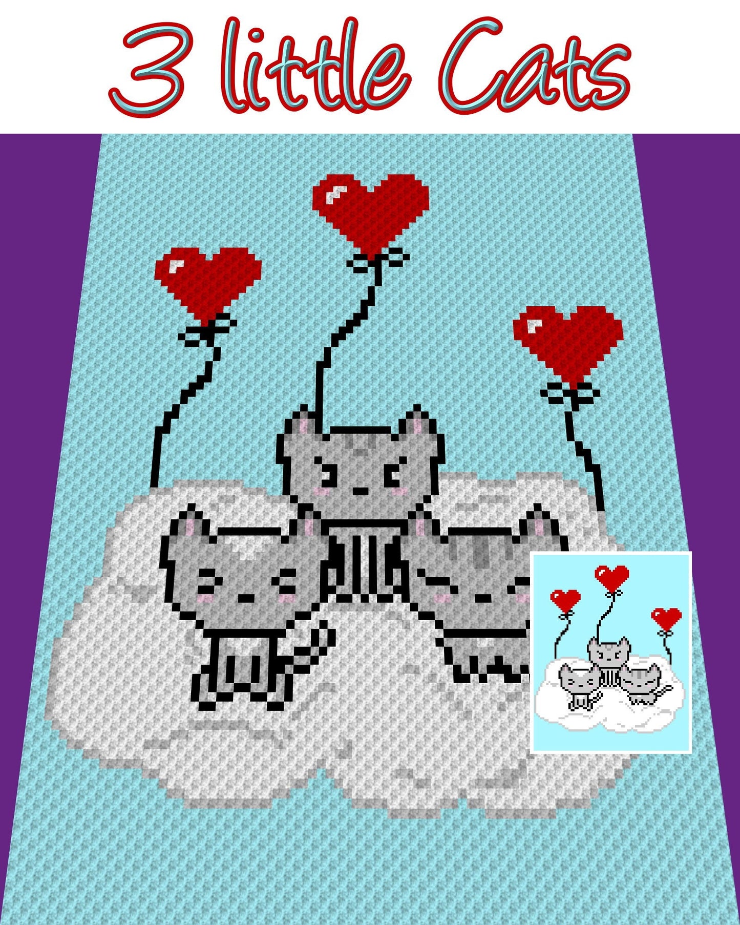 3 liTTle CatS häkeln Diagramm Grafik(c2c, mini c2c, sc, hdc, dc, tss), Kreuzstich, stricken; PDF, schriftl. Angaben & Farb-Block-Anweisungen