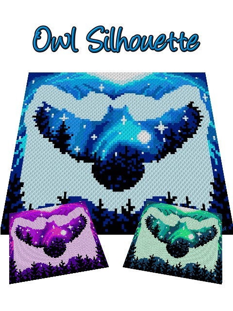 EULE SILHOUETTE, Grafik für C2C, Häkeldecke Ecke zu Ecke, mit geschriebener & Farb-Block Anleitung