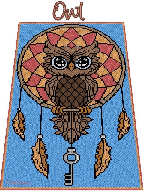 EULE - TRAUMFÄNGER - Fm Häkelmuster, Grafik für Fm, Häkeldecke feste Maschen, tunesisch, Stäbchen, geschr & Farb-Block Anleitung