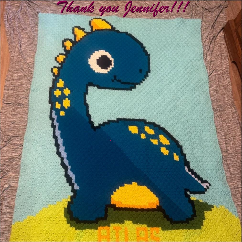 DINO DIPPY - Langhals, Häkelmuster, Grafik für C2C, Häkeldecke Ecke zu Ecke, mit geschriebener & Farb-Block Anleitung