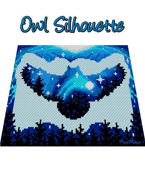 OWL SILHOUETTE - blue, graphic for Fm crochet blanket, with written & color block instructions for owl blanket, animal motif