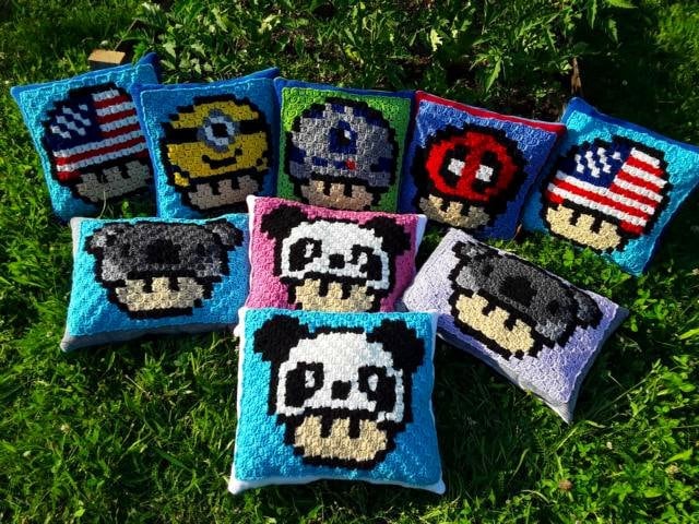 1 up - MUSHROOM, Häkelmuster, Grafik für C2C, Häkeldecke od Kissen Ecke zu Ecke, mit geschriebener Anleitung