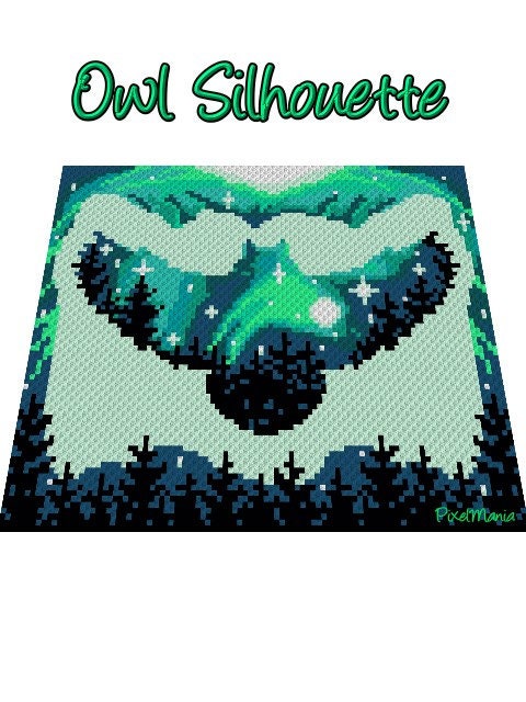OWL SILHOUETTE - green, graphic for Fm crochet blanket, with written & color block instructions for owl blanket, animal motif