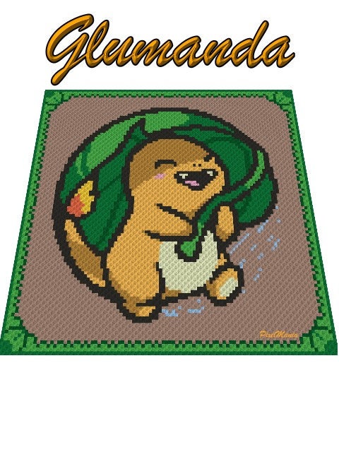 GLUMANDA - POKEMON inspirierte Häkelmuster, Grafik für C2C, Häkeldecke Ecke zu Ecke, mit geschr. & Farb-Block Anleitung, kleiner Drache