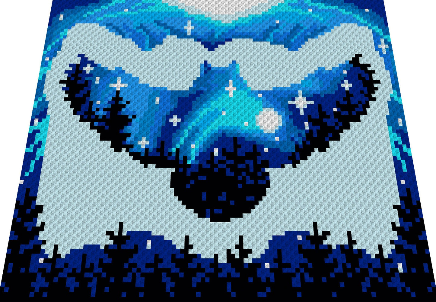 OWL SILHOUETTE - blue, graphic for Fm crochet blanket, with written & color block instructions for owl blanket, animal motif