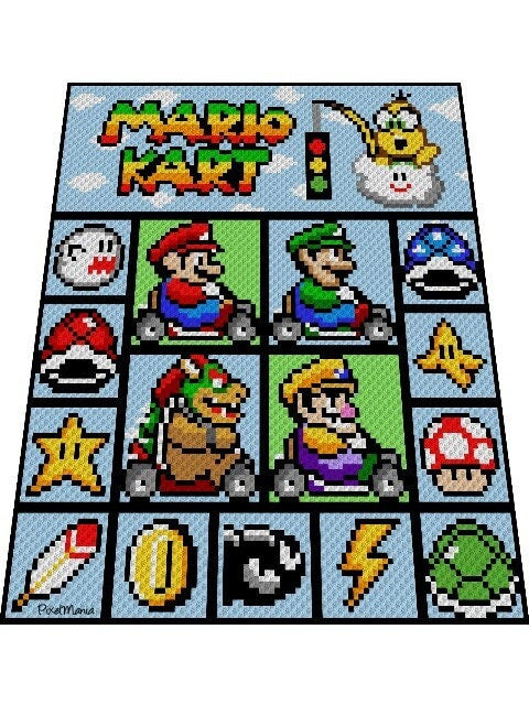 MARIO KART- Super Mario inspirierte Decke, Häkelmuster, Grafik für C2C, Häkeldecke Ecke zu Ecke, mit geschr. & Farb-Block Anleitung