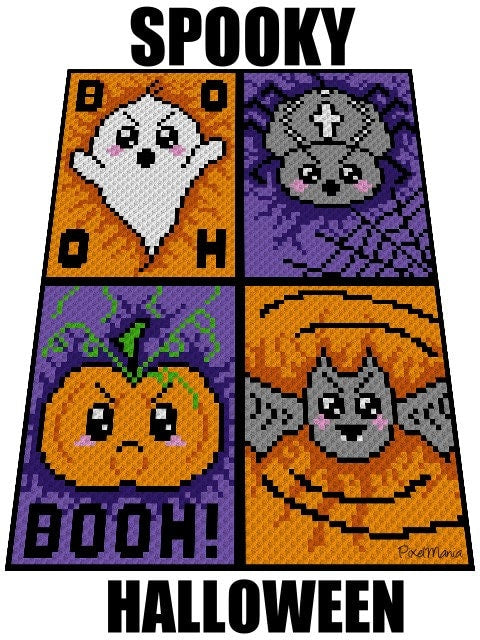SPOOKY HALLOWEEN, Häkelmuster, Grafik für C2C, Häkeldecke Ecke zu Ecke, mit geschriebener Anleitung