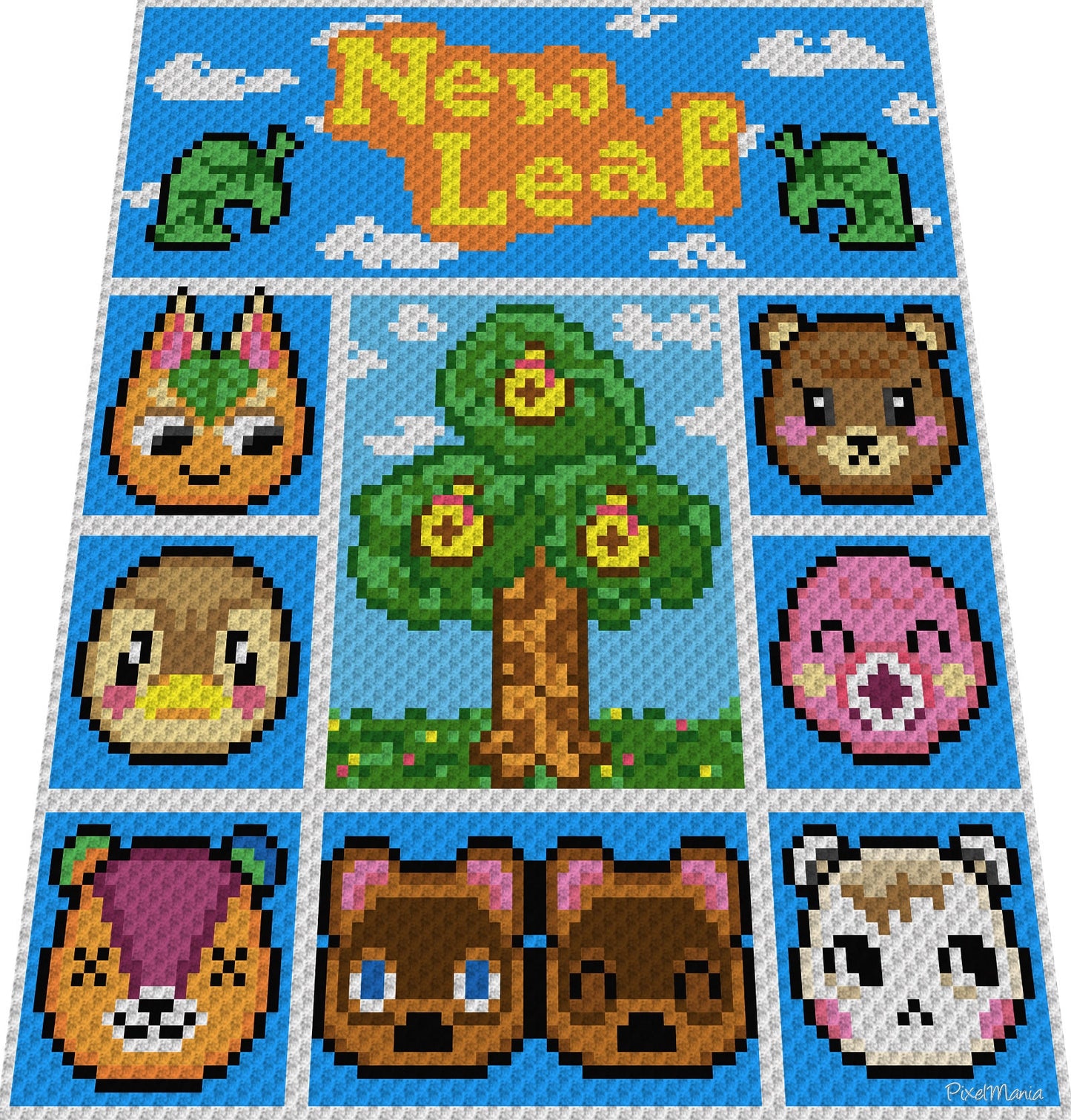 ANIMAL CROSSING - New Leaf inspired blanket, crochet pattern, graphic for C2C, crochet blanket corner to corner, with written instructions