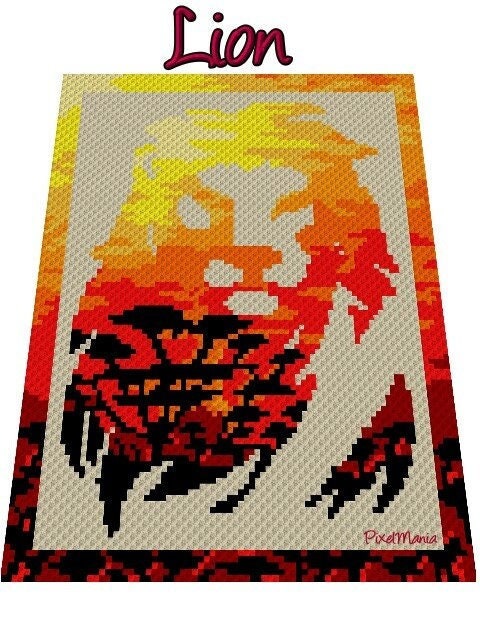 LÖWE - Grafik für C2C, Häkeldecke Ecke zu Ecke, mit geschriebener & Farb-Block Anleitung, Löwenkopf Silhouette