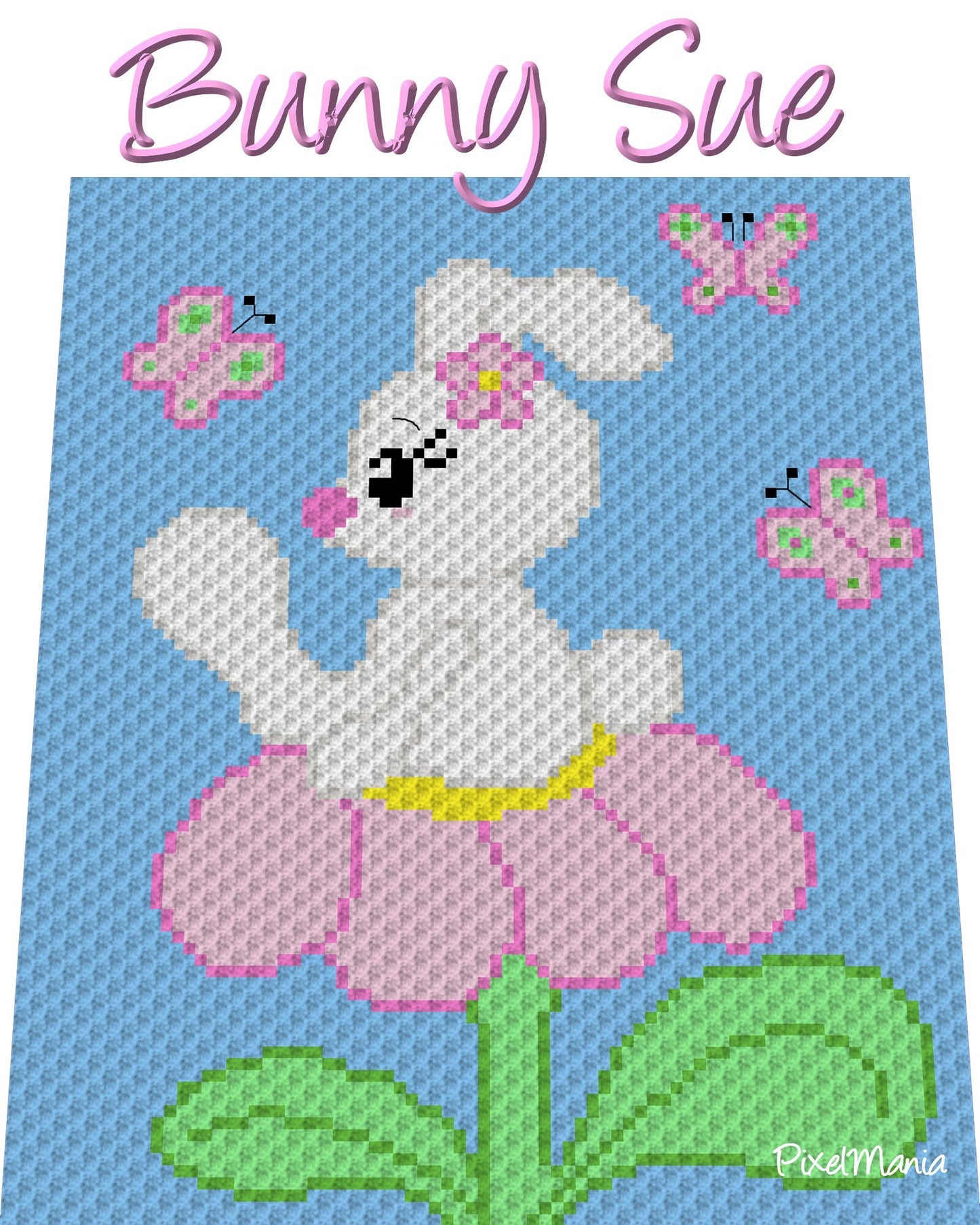 BUNNY SUE - RABBIT, crochet pattern, graphic for C2C, crochet blanket corner to corner, with written & color block instructions