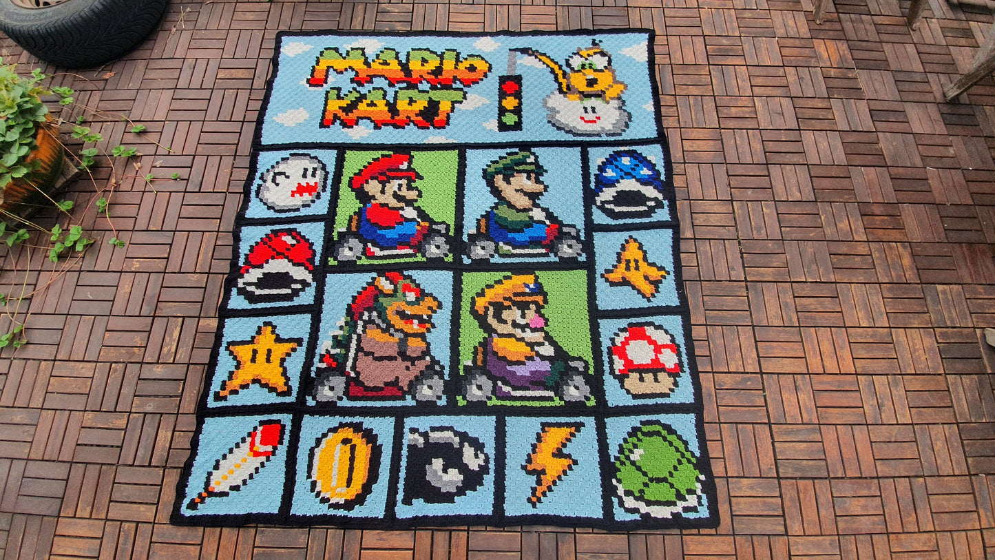 MARIO KART- Super Mario inspirierte Decke, Häkelmuster, Grafik für C2C, Häkeldecke Ecke zu Ecke, mit geschr. & Farb-Block Anleitung