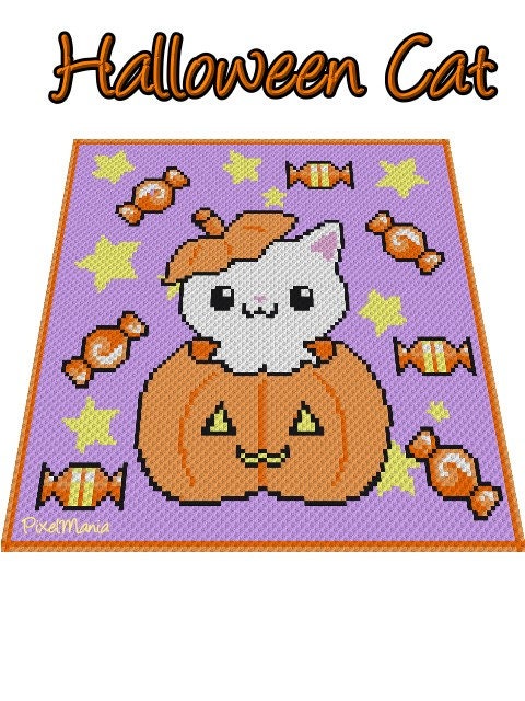 HalloWeen Cat - Crochet Pattern, Graphic for C2C, Crochet Blanket Corner to Corner, with Written & Color Block Instructions