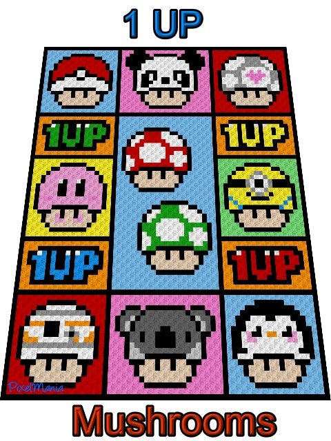 1 up - MUSHROOM, Häkelmuster, Grafik für C2C, Häkeldecke od Kissen Ecke zu Ecke, mit geschriebener Anleitung