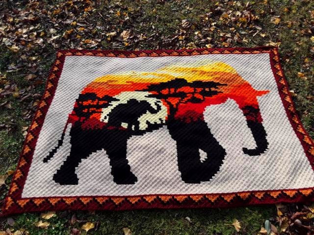 AFRIKANISCHER ELEFANT, Grafik für C2C, Häkeldecke Ecke zu Ecke, mit geschriebener & Farb-Block Anleitung