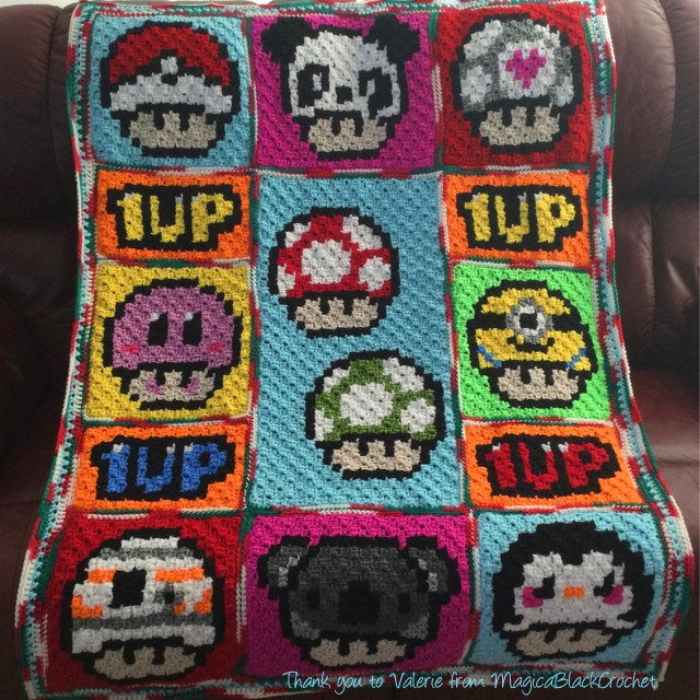 1 up - MUSHROOM, Häkelmuster, Grafik für C2C, Häkeldecke od Kissen Ecke zu Ecke, mit geschriebener Anleitung