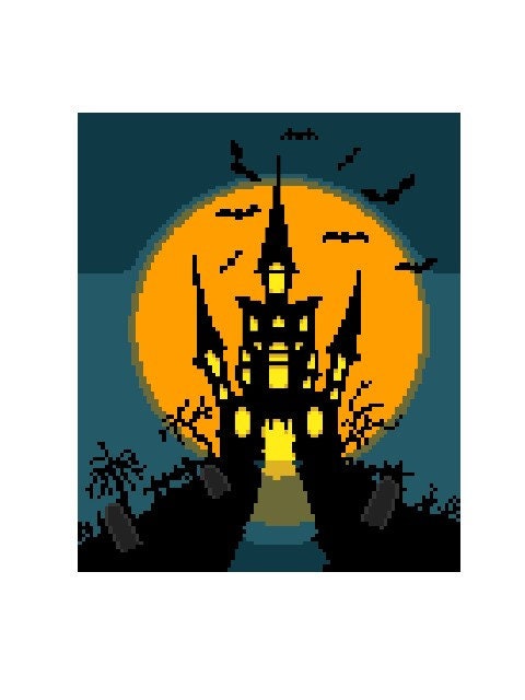HALLoWeeN - Horror Castle - Crochet pattern, graphic for C2C, crochet blanket corner to corner, with written & color block instructions
