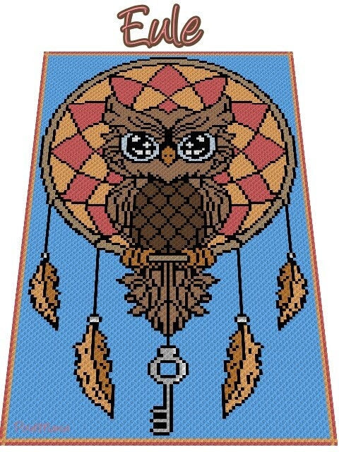 EULE - TRAUMFÄNGER, Grafik für C2C, Häkeldecke Ecke zu Ecke, mit geschriebener & Farb-Block Anleitung