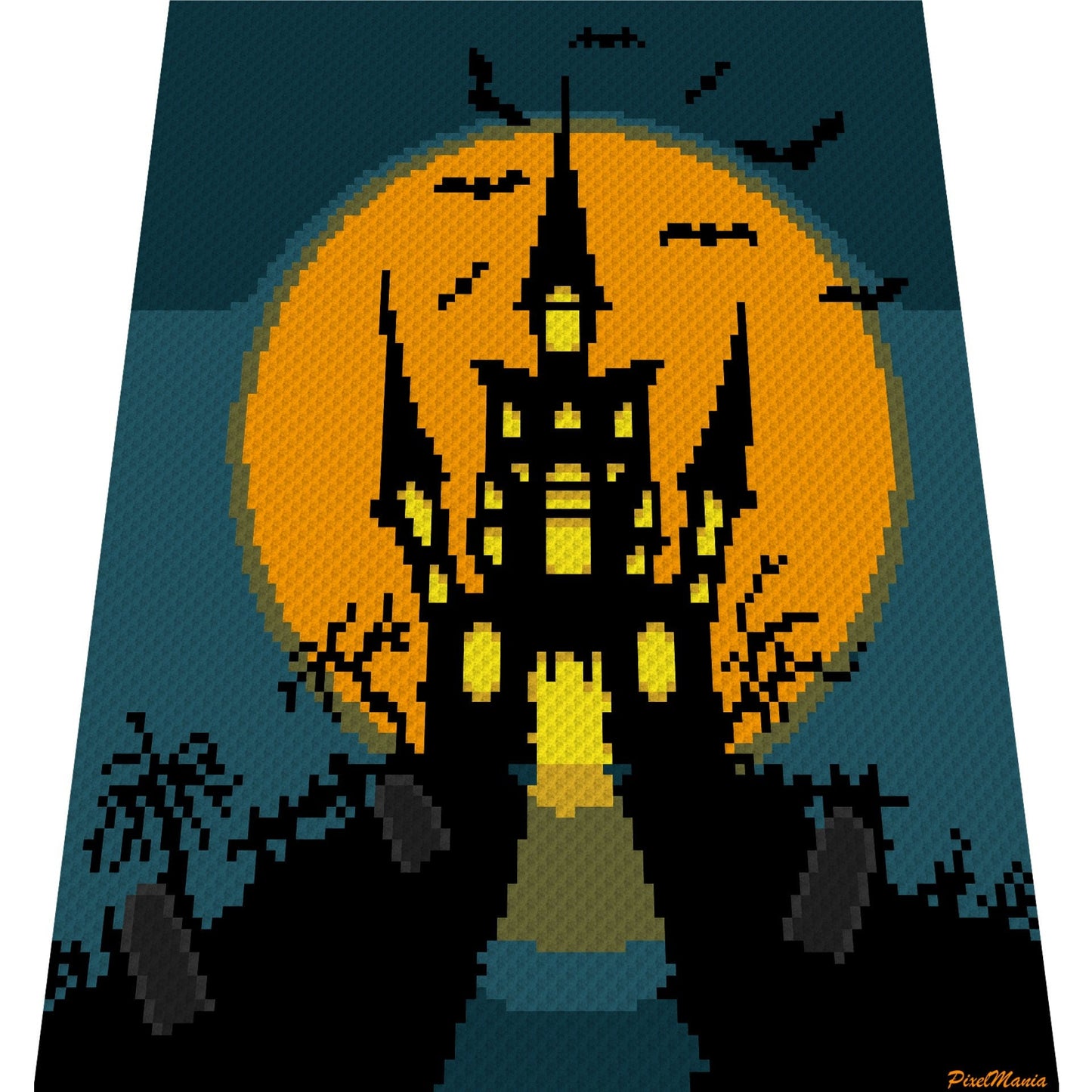 HALLoWeeN - Horror Castle - Crochet pattern, graphic for C2C, crochet blanket corner to corner, with written & color block instructions