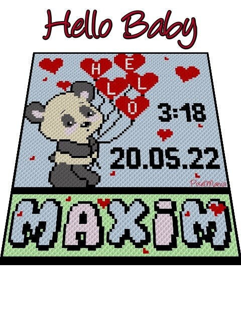 HELLO BABY - PANDA, Graphic for C2C Baby Blanket, Newborn Crochet Blanket Corner to Corner, with Written & Color Block Instructions