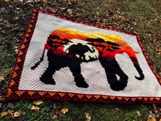 AFRIKANISCHER ELEFANT, Grafik für C2C, Häkeldecke Ecke zu Ecke, mit geschriebener & Farb-Block Anleitung