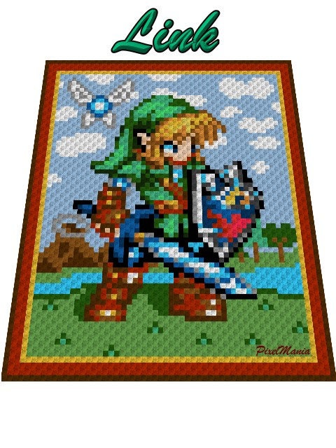 LINK - The Legend of Zelda inspirierte Häkelmuster, Grafik für C2C Häkeldecke, Ecke zu Ecke,