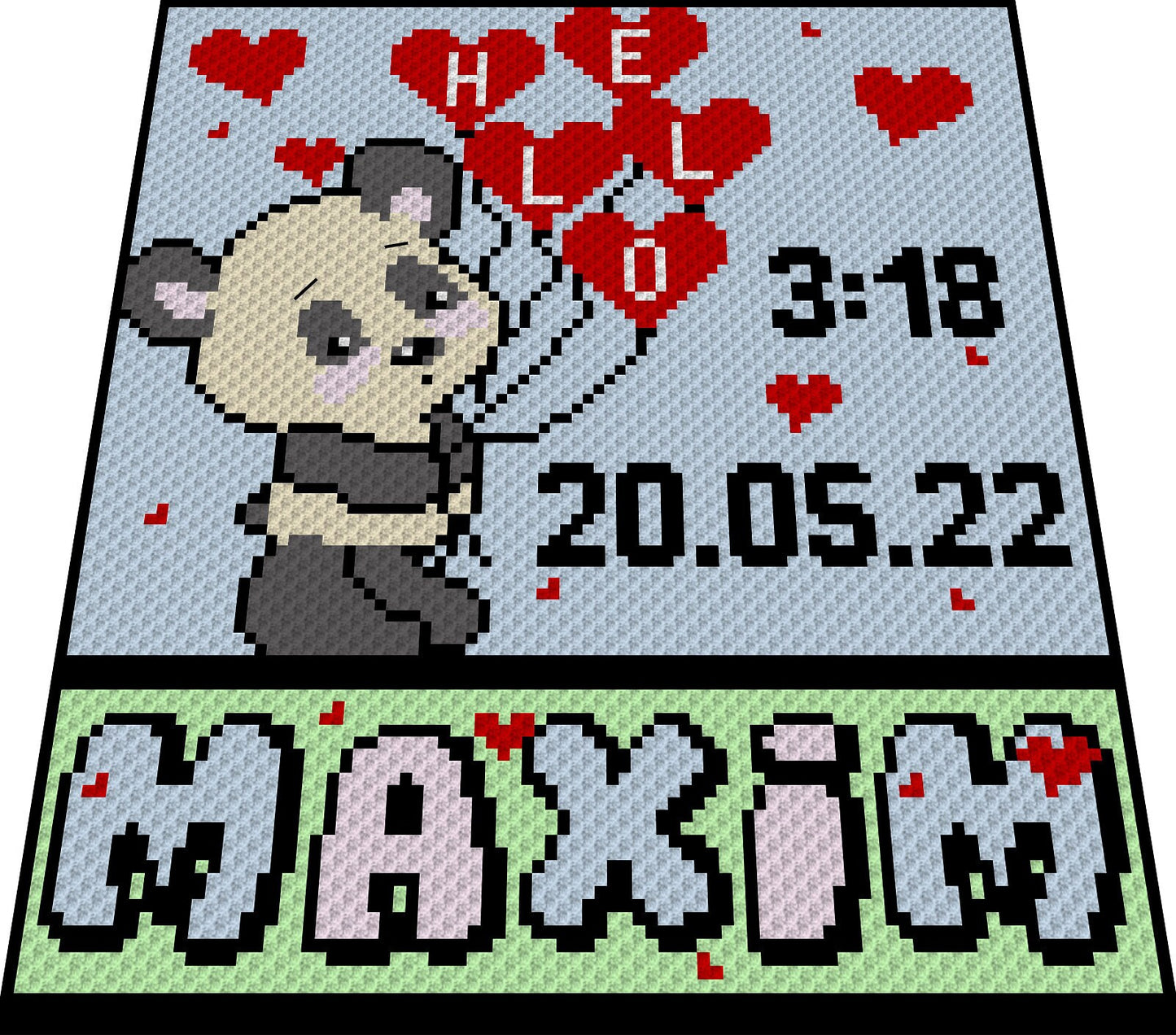 HELLO BABY - PANDA, Graphic for C2C Baby Blanket, Newborn Crochet Blanket Corner to Corner, with Written & Color Block Instructions