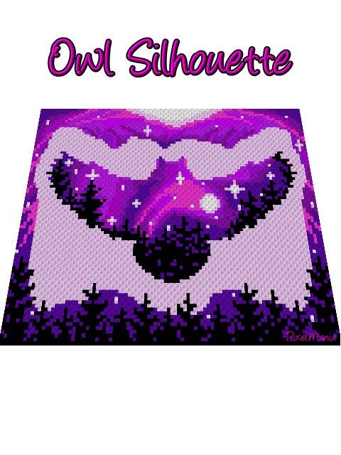 OWL SILHOUETTE - pink, graphic for Fm crochet blanket, with written & color block instructions for owl blanket, animal motif