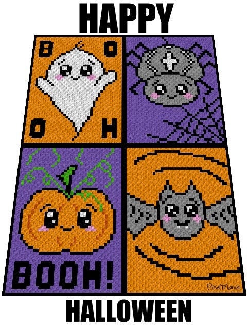 HAPPY HALLOWEEN, Häkelmuster, Grafik für C2C, Häkeldecke Ecke zu Ecke, mit geschriebener Anleitung