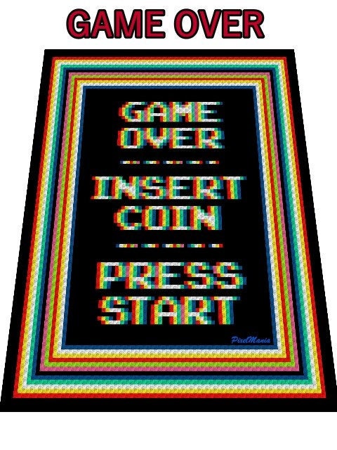 GAME OVER 2 - Häkelmuster, Grafik für C2C Häkeldecke Ecke zu Ecke, mit geschriebener & Farb-Block Anleitung, Gamerdecke, Gaming Accessoire