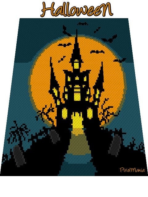 HALLoWeeN - Horror Castle - Crochet pattern, graphic for C2C, crochet blanket corner to corner, with written & color block instructions