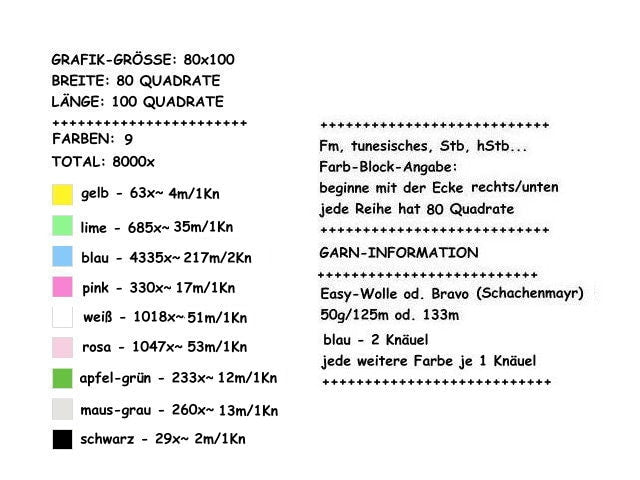 BUNNY SUE, Fm Häkelmuster, Grafik für Fm, Häkeldecke feste Maschen, tunesisch, Stäbchen, mit geschriebener & Farb-Block Anleitung