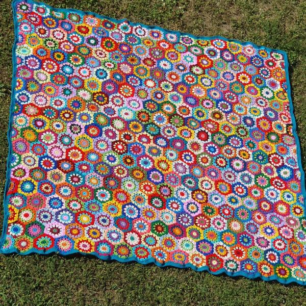 e-Book *Decke - Blanket UPCYCLED RETRO HExAGON* Häkelanleitung, pdf-Datei, deutsch & US-Englisch, Häkeldecke, Granny Square,