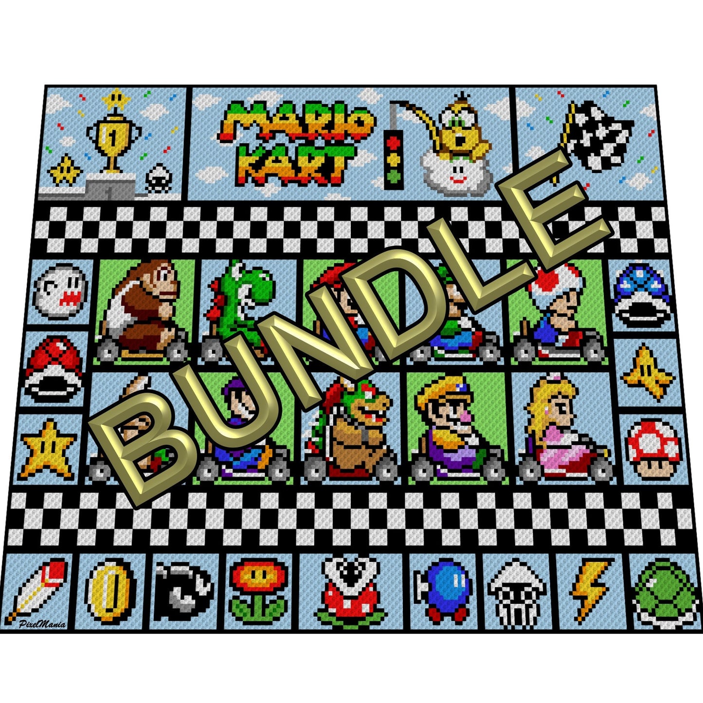 BUNDLE - MARiO KART- XXL Decke - Super Mario inspirierte XXL-Decke, Häkelmuster, Grafik für c2c, Häkeldecke Super Mario, Gamerdecke