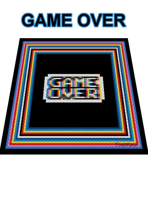 GAME OVER - Häkelmuster, Grafik für C2C, Häkeldecke Ecke zu Ecke, mit geschriebener & Farb-Block Anleitung