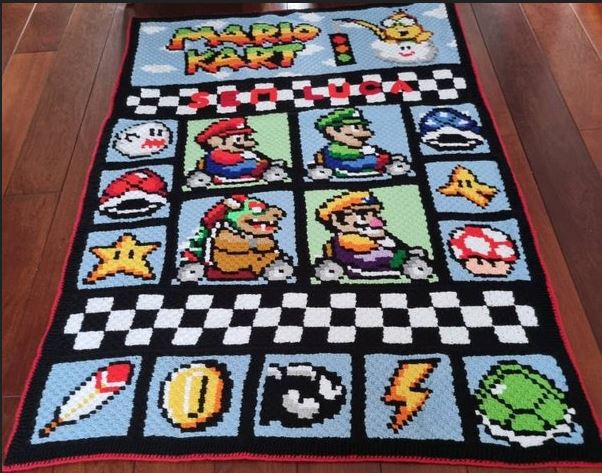 MARIO KART- Super Mario inspirierte Decke, Häkelmuster, Grafik für C2C, Häkeldecke Ecke zu Ecke, mit geschr. & Farb-Block Anleitung