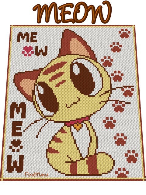 MEOW Kätzchen - Häkelmuster, Grafik für C2C, Häkeldecke Ecke zu Ecke, mit geschriebener & Farb-Block Anleitung