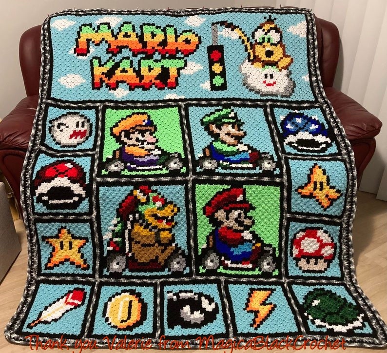 MARIO KART- Super Mario inspirierte Decke, Häkelmuster, Grafik für C2C, Häkeldecke Ecke zu Ecke, mit geschr. & Farb-Block Anleitung