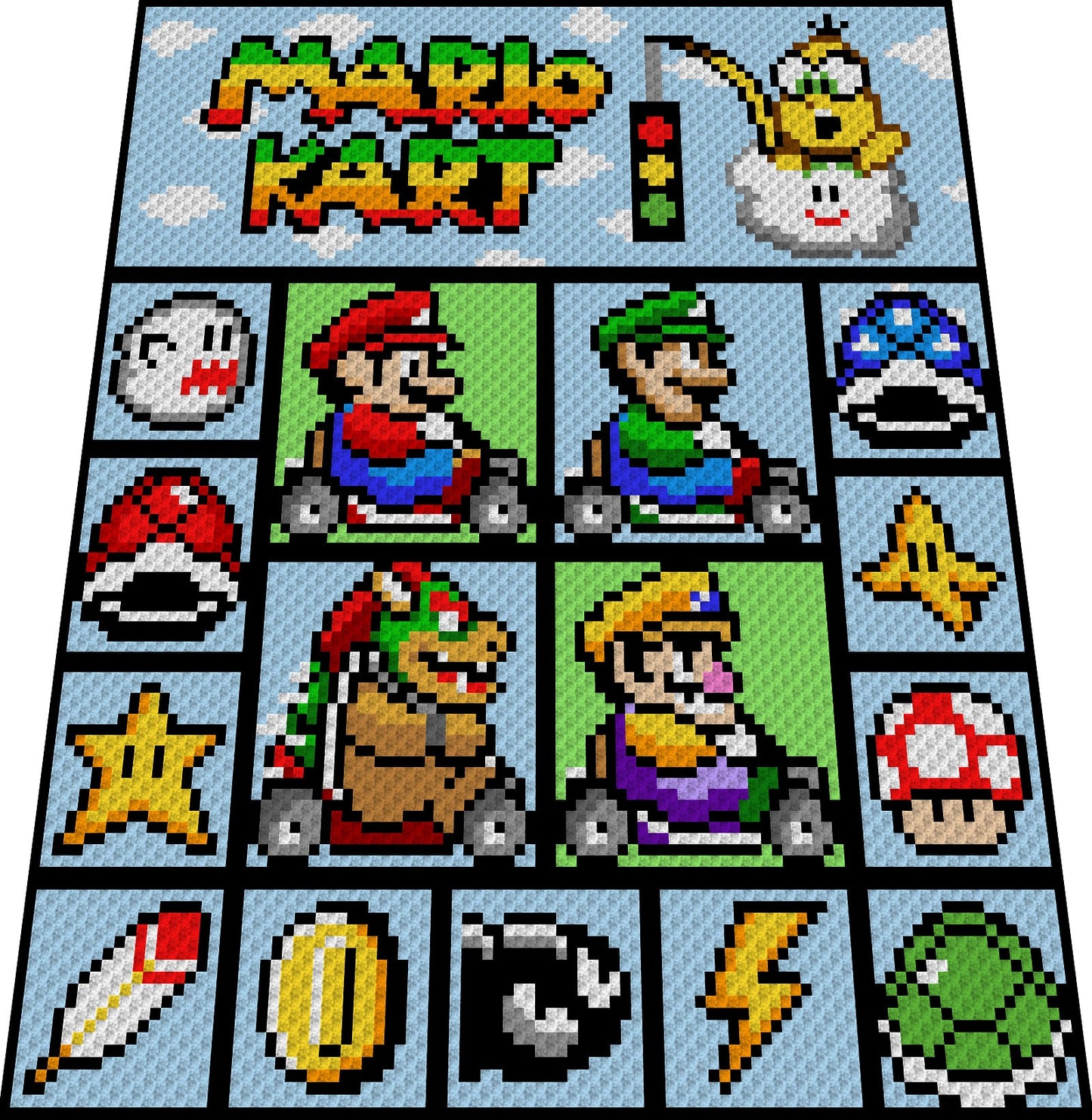 MARIO KART- Super Mario inspirierte Decke, Häkelmuster, Grafik für C2C, Häkeldecke Ecke zu Ecke, mit geschr. & Farb-Block Anleitung