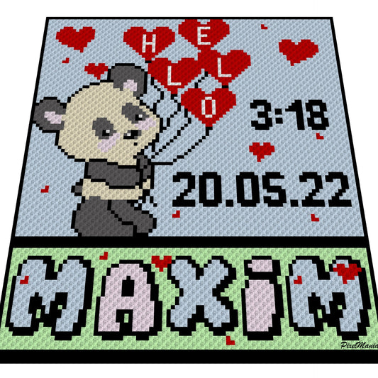 HELLO BABY - PANDA, Graphic for C2C Baby Blanket, Newborn Crochet Blanket Corner to Corner, with Written & Color Block Instructions