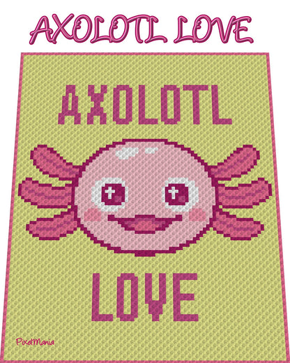 AXOLOTL LOVE, Häkelmuster, Grafik für C2C, Häkeldecke Ecke zu Ecke,  mit geschriebener & Farb-Block Anleitung