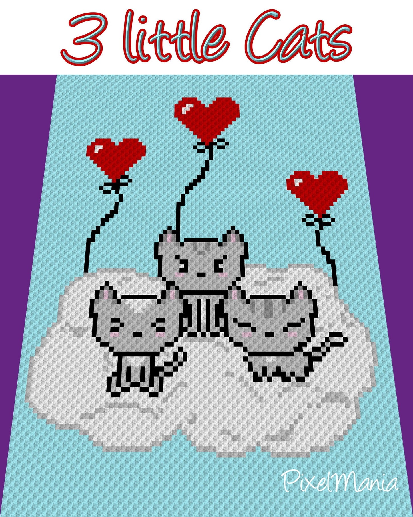 3 liTTle CatS häkeln Diagramm Grafik(c2c, mini c2c, sc, hdc, dc, tss), Kreuzstich, stricken; PDF, schriftl. Angaben & Farb-Block-Anweisungen