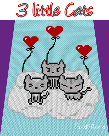 3 liTTle CatS häkeln Diagramm Grafik(c2c, mini c2c, sc, hdc, dc, tss), Kreuzstich, stricken; PDF, schriftl. Angaben & Farb-Block-Anweisungen