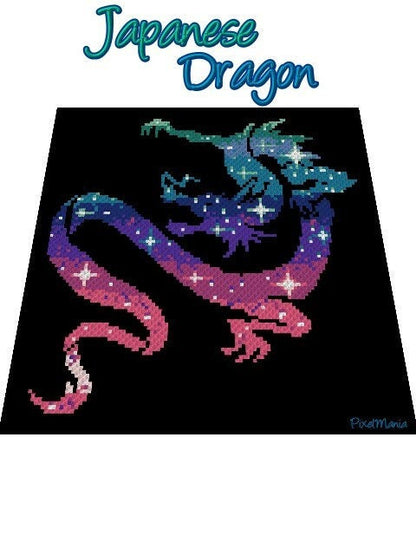 JAPANISCHER DRACHE, Grafik für C2C, Häkeldecke Ecke zu Ecke,  mit geschriebener & Farb-Block Anleitung