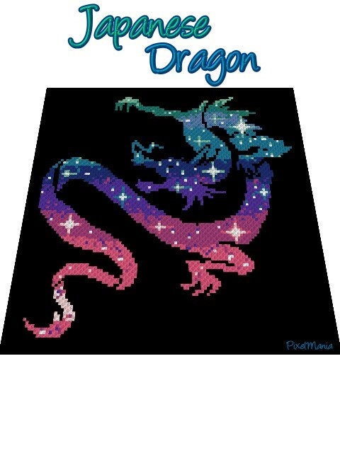 JAPANISCHER DRACHE, Grafik für C2C, Häkeldecke Ecke zu Ecke,  mit geschriebener & Farb-Block Anleitung