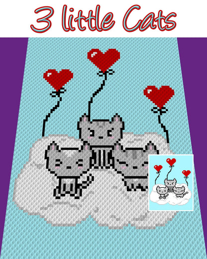 3 liTTle CatS häkeln Diagramm Grafik(c2c, mini c2c, sc, hdc, dc, tss), Kreuzstich, stricken; PDF, schriftl. Angaben & Farb-Block-Anweisungen