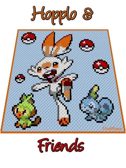HOPPLO and FRIENDS - Pokémon inspired blanket - crochet pattern, graphic for C2C, crochet blanket corner to corner, with typed & color block instructions