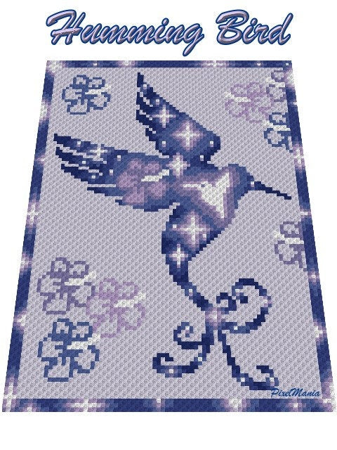 KOLIBRI SILHOUETTE, Grafik für C2C, Häkeldecke Ecke zu Ecke,  mit geschriebener & Farb-Block Anleitung