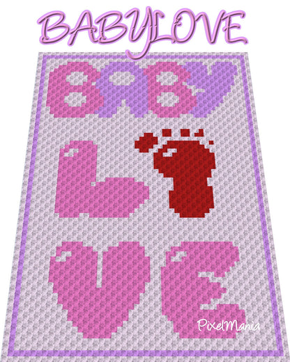 BABY LOVE GIRL, Häkelmuster, Grafik für C2C, Häkeldecke Ecke zu Ecke,  mit geschriebener & Farb-Block Anleitung